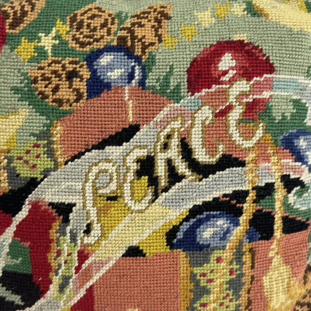 Vintage Handmade Needlepoint Pillow Christmas Peace Velvet Back 13x13 Gift